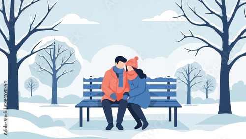 Couple Sharing Warm Moment on Snowy Park Bench Under Winter Sky