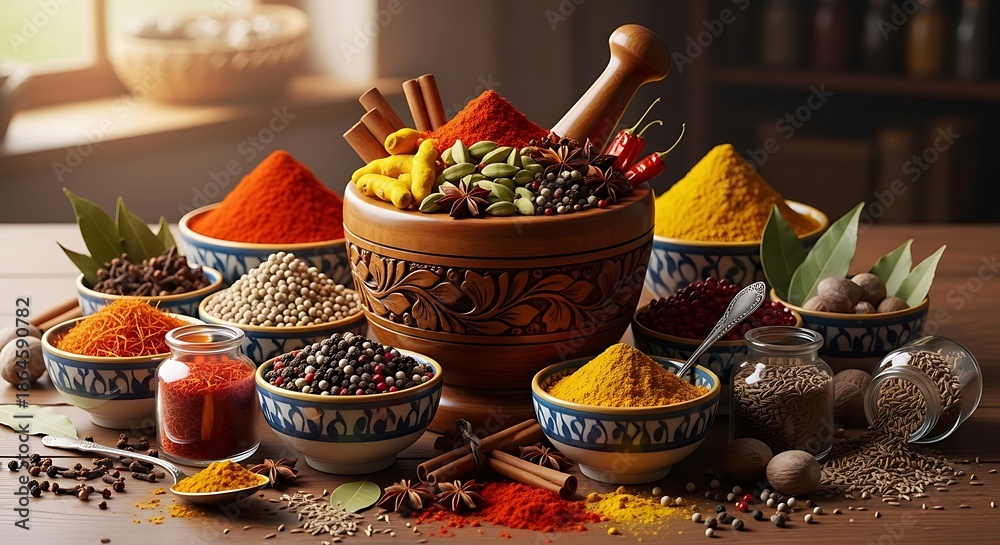 Fototapeta premium Assorted spices and herbs artfully arranged in bowls on a wooden table