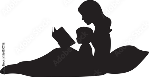 Silhouette of woman reading book to child on bed