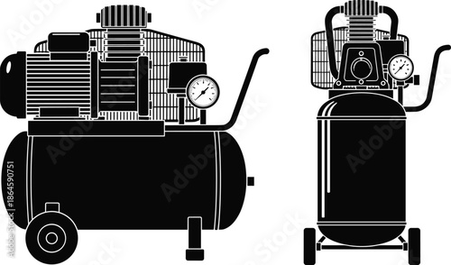 Air compressor silhouette, horizontal and vertical tank, industrial equipment, black and white, CAD drawing flat vector illustration, portable design, motor detail
