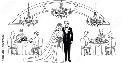 Elegant Wedding Reception Banquet Hall with Bride and Groom, Luxury Ballroom Interior Featuring Crystal Chandeliers, Guests Dining at Round Tables, Line Art Illustration.