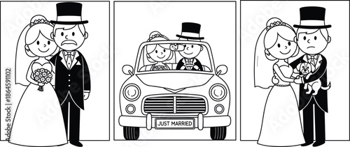 Happy bride and groom in classic wedding attire, driving a vintage just married car, and holding a cute puppy, line art.