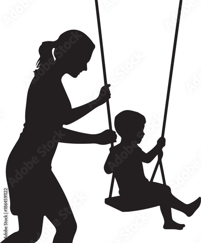 Woman pushing child on swing silhouette playground
