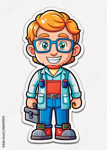 Vector illustration of a Friendly technician holding toolbox.