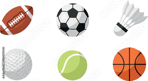 Vector illustration of various sports equipment including a football, soccer ball, shuttlecock, golf ball, tennis ball, and basketball on a white background, representing different sport.