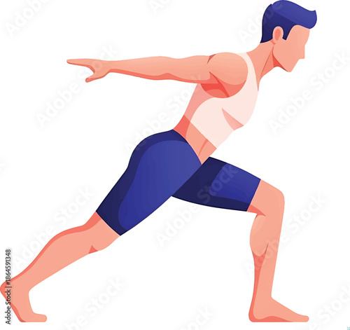 A muscular man in athletic wear performing a vector illustration of a lunge exercise in a sport training pose against a clean white background.