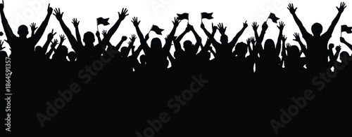 Large cheering crowd silhouette with raised hands and flags celebration festival protest unity isolated on white background vector illustration