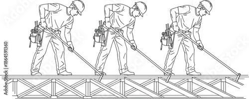 Professional Construction Crew Working on Rooftop Metal Truss Framework, Industrial Building Site Workers Installing Structural Beams, Detailed Black and White Line Art Illustration.
