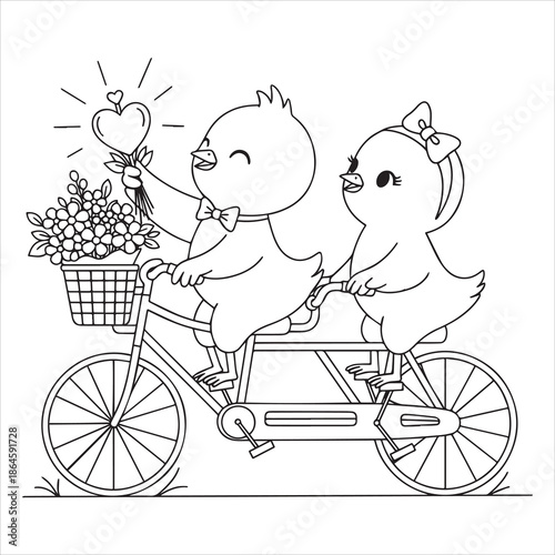 Two cartoon chicks riding tandem bicycle with flowers and heart bird animal