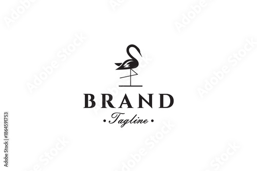 Flamingo or Stork bird logo in flat vector design style, fish eating bird