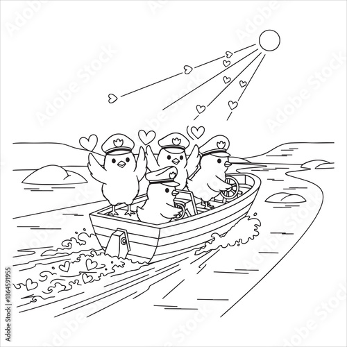 Four cartoon chicks wearing captain hats sail a boat on water bird sailing