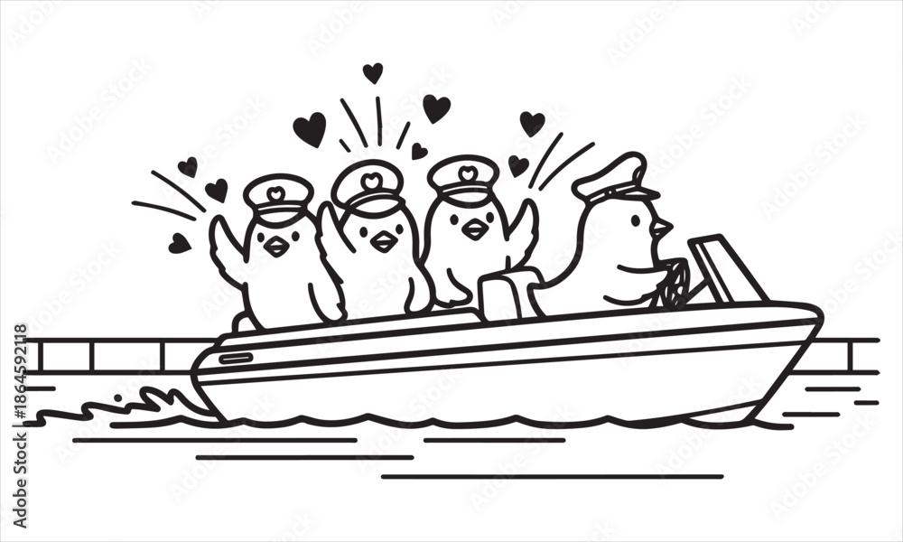 Naklejka premium Four cartoon penguins in captain hats riding a boat with hearts vector