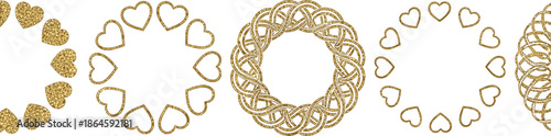 Decorative golden heart shapes creating circular and oval frames on a white background