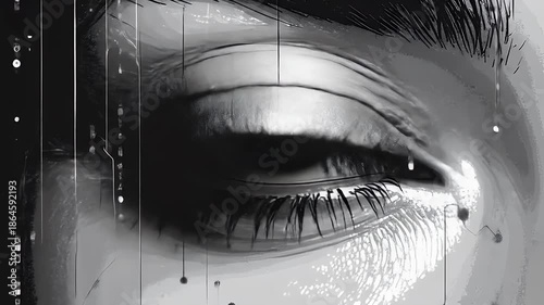 Close up of a human eye with digital data overlay and tear.