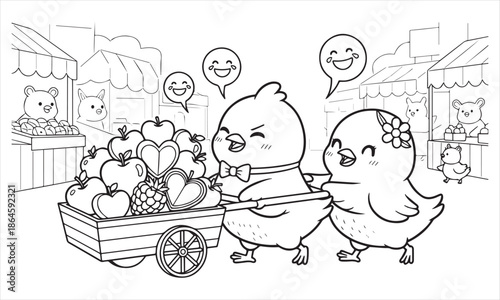 Two cartoon chicks pushing a cart full of apples and berries bird wheel