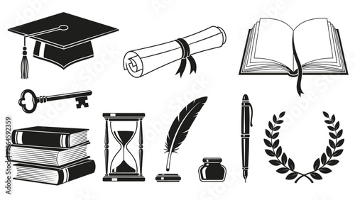 Education icons set with graduation cap and books
