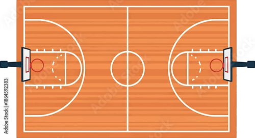 Vector illustration of a basketball court with hoop and markings in a sport setting against a clean white background.
