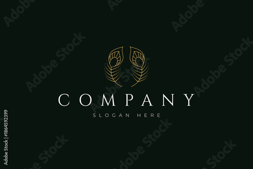 luxury peacock feather logo with gold line art design style