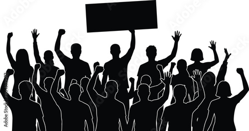 Protest crowd silhouette holding blank banner, people raising fists and hands, demonstration activism unity illustration isolated white background vector