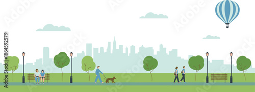 People relaxing in city park illustration, urban outdoor lifestyle scene with walking dog, benches trees skyline, flat vector design