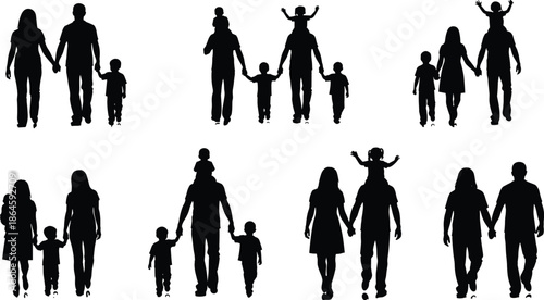 Family silhouettes collection showing parents and children walking together expressing love bonding parenting unity lifestyle relationships vector illustration set