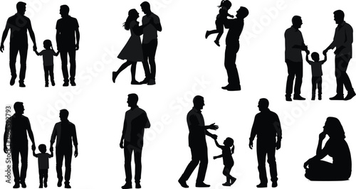 Family silhouettes set showing parents and children interacting playing dancing bonding expressing love care parenting lifestyle vector illustration