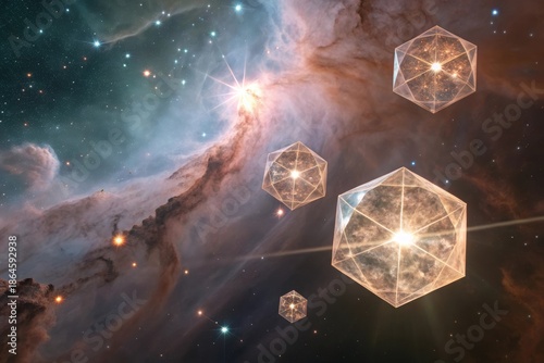 Crystal Like Geometric Formations Suspended Within a Colorful Nebulae, Deep in Outer Space