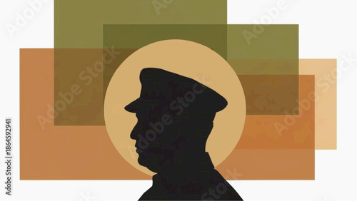 Silhouette of a person wearing a cap facing left against layered rectangles