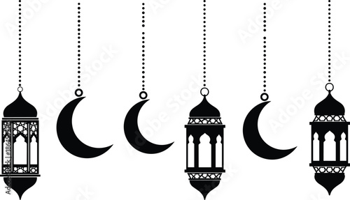 Ramadan lantern and crescent moon silhouette decoration set, Islamic celebration, Eid Mubarak, religious ornament illustration isolated white background vector design