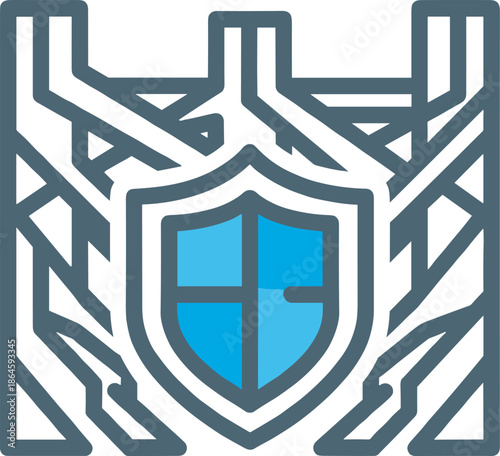 Blue shield with four sections surrounded by circuitry on white background