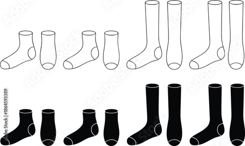 Sock length types vector illustration set, ankle crew mid calf knee high socks, black white outline clothing icons design collection