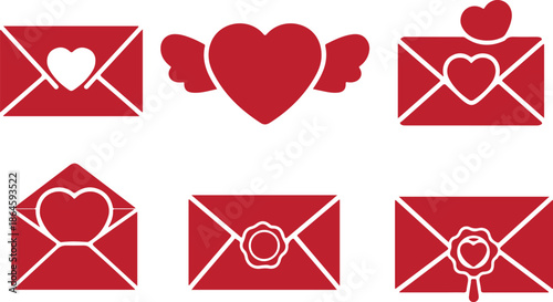Love Letter Heart Envelope Icon Set,  wedding invitation icon, mail with heart, valentine message, romantic love mail, heart postcard, valentines card icon.