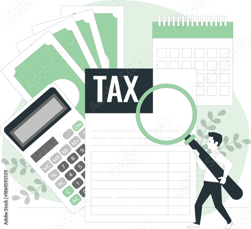 A person examining tax documents with a magnifying glass near a calculator and calendar