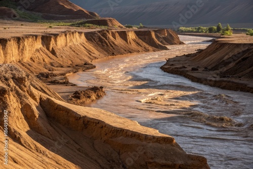 Eroded Earth Banks Lining a Muddy River with Swirling Water Under Sunlight, Creating a Scenic Landscape