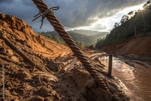 Exposed and Twisted Rebar Cable Emerging from a Muddy Landslide in a Hillside Environment