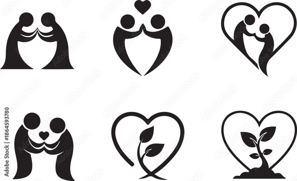 Fototapeta premium Love Couple Family Heart Icon Set, valentines couple design, romantic family icon, relationship symbol.