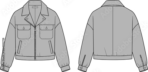 Collared jacket technical sketch, front and back view, fashion flat, garment construction, apparel design, black vector, clothing template, pocket detail, zipper closure, sleeve tab