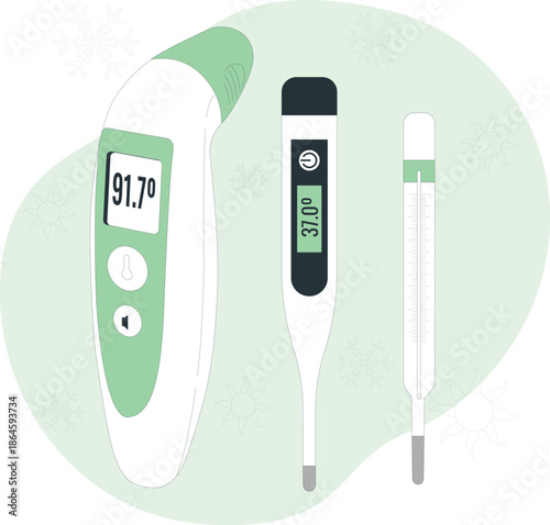 Various thermometers displayed together on a light green background