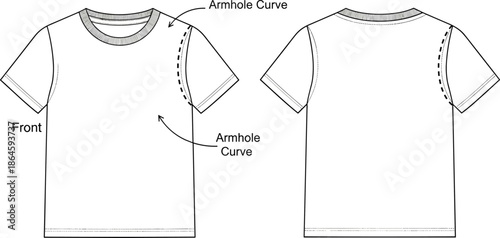 T-shirt technical sketch with armhole curve, front and back view, fashion flat, garment construction, apparel design, black vector, sewing guide, clothing template, seam detail, pattern layout