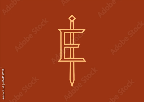 A modern line logo shaping the letter E with a sword, symbolizing energy, endurance, discipline, and heroic identity