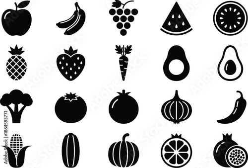 Collection of 20 black and white fruit and vegetable icons