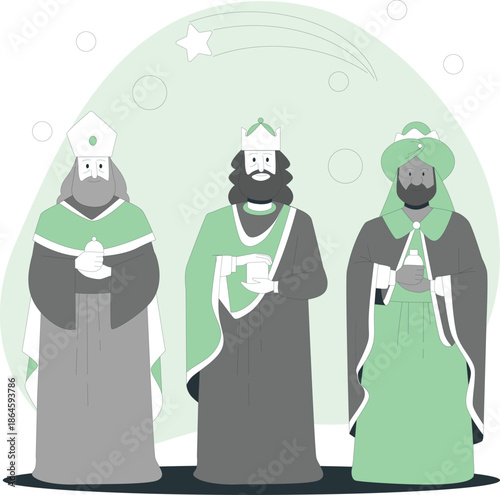 Three wise men standing together under a starry night sky