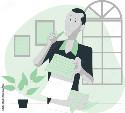 Man reviewing documents in a serene indoor setting with a potted plant nearby and a large window in the background