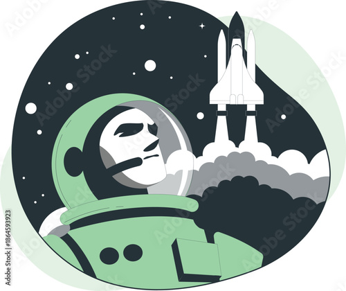 Astronaut in green spacesuit floating in space with rocket launch in the background