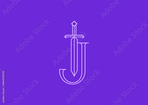 A dynamic line logo combining the letter J with a sword, symbolizing justice, agility, sharp thinking, and heroic motion
