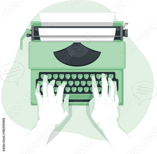 Hands typing on a vintage green typewriter with paper inserted