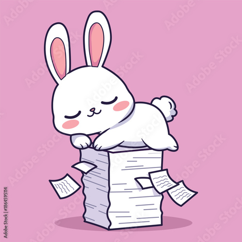 Cute Cartoon Bunny Sleeping on Paper Stack with Flying Sheets and Pink Background Vector Illustration