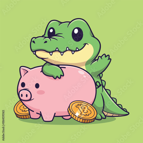 Cute Cartoon Alligator Leaning on Piggy Bank with Bitcoin Coins Vector Illustration
