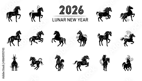 2026 Year of the Horse Lunar New Year Silhouette - Minimalist Geometric Zodiac Vector Icon