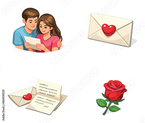 Romantic young caucasian couple reading love letter with heart envelope and rose